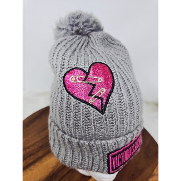 Victoria Secret Pink Gray Pom Pom Winter Warm Beanie OSFM main image 5